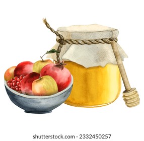 Fresh ripe pomegranate and apples in a bowl with honey jar and dipper watercolor illustration isolated on white background. Hand drawn Rosh Hashanah food clipart - Powered by Shutterstock