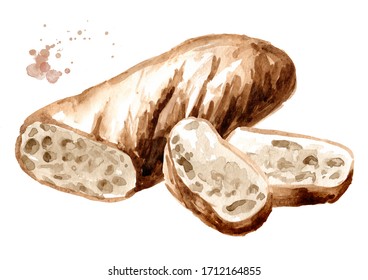 Fresh rye bread half and slice. Hand drawn watercolor illustration, isolated on white background