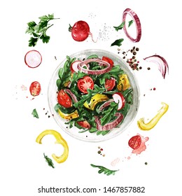 Fresh Salad, Flying Ingredients. Watercolor Illustration