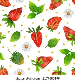 Fresh Strawberry Seamless Watercolor Pattern. Whole Sweet Berry, Cut In Half, Unripe Green Fruit, Leaves, Blooming Flower. Wild Meadow Dessert. Hand Drawn Bright Summer Food