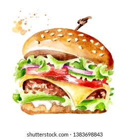 Fresh tasty burger. Watercolor hand drawn illustration, isolated on white background - Powered by Shutterstock