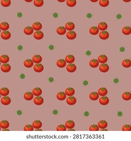Fresh tomato trio seamless pattern on muted pink background for kitchen textile print, food sauce packaging, cafe wrapping paper, wallpaper.
