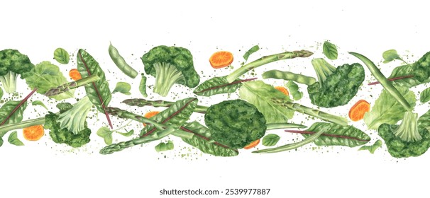 Fresh uncooked vegetables watercolor illustration in realistic style. Broccoli florets, carrot slices, green bean pods, asparagus and greens seamless food border. Foe kitchen textile, package decor - Powered by Shutterstock