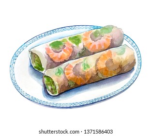 Fresh Vietnamese Spring Roll, watercolor painting. Hand drawn illustration with Asian food, fresh spring rolls Gỏi cuốn, isolated on white background.