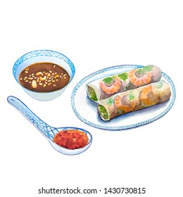 Fresh Vietnamese Spring Roll, watercolor painting. Hand drawn illustration with Asian food, fresh spring rolls Gỏi cuốn with peanut sauce, isolated on white background.