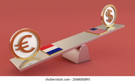 FRF Vs USD France Euro Vs United States Doller Symbol Sign 3D Golden Currency On Seesaw And Both Countrys Flage 3D Render Isolated On Pink Background.