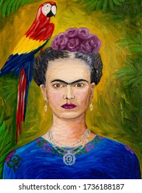 Frida Kahlo And Ara Parrot, Oil Painting On Canvas.