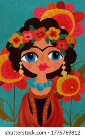 Frida Kahlo Floral Exotic Portrait on colorful flower Illustration background for card poster and frame