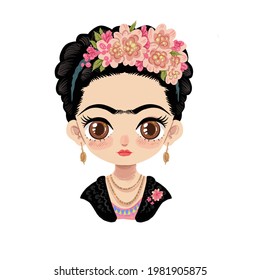 Frida Kahlo Floral Exotic Portrait On White Illustration