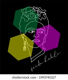 Frida Kahlo. Portrait In Minimalism With Three Elements And Typography.