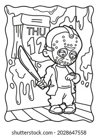 
Friday The 13th. Coloring Book For Children. Coloring Book For Adults. Halloween Coloring Page. Horror. Kawaii. Black And White Illustration.