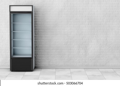 Fridge Drink With Glass Door In Front Of Brick Wall. 3d Rendering