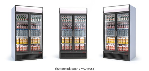 Fridge with drinks isolated on white. Set of showcase refrigerators with water, beer nad soda in the grocery shop. 3d illustration