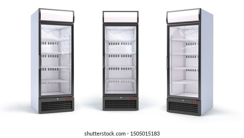 Fridge with glass door isolated on white. Set of empty showcase refrigerators in the grocery shop. 3d illustration