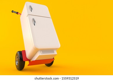 Fridge With Hand Truck Isolated On Orange Background. 3d Illustration