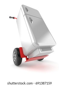Fridge With Hand Truck Isolated On White Background. 3d Illustration