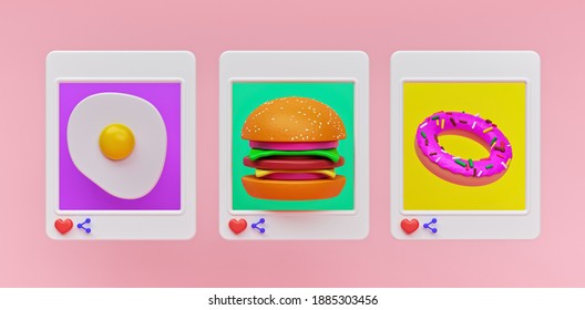 Fried Egg, Burger, Donut. Colorful Trendy Food Photos On Social Media Post. Minimal Banner For Advertising. 3d Rendering