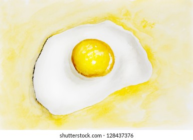 Fried Egg Concept- Handmade Watercolor  Painting  Illustration On A White Paper Art Background