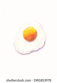 Fried Egg Drawing With Water-soluble Colour Pencils. Hand Drawing.