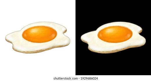 Fried Egg Hand Drawn Watercolor Illustration. Omelette With Yolk For Breakfast Menu Design Isolated On White And Black Background