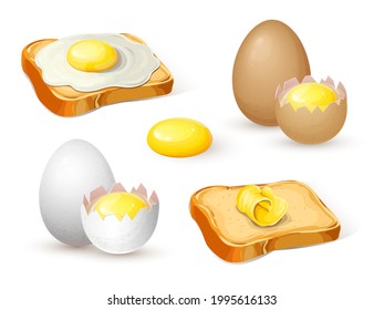 Fried Eggs On Bread, Toast With Butter, Whole Hard Boiled Egg And Half With Soft Boiled Yolk For Breakfast Isolated On White. Healthy Nutrition Realistic Illustration. Toast With Sunny Side Up Eggs.