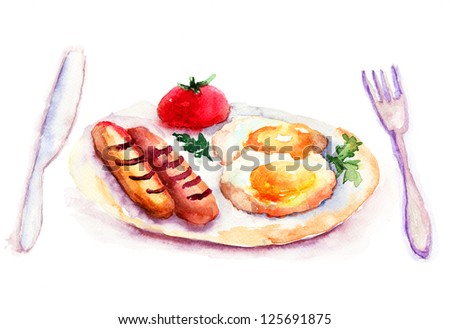 Fried eggs with sausages, watercolor illustration