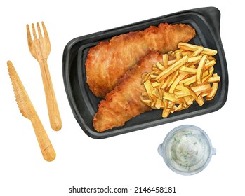 Fried Fish And French Fries With White Sauce In A Container. Takeaway Food. Top View. Watercolor Illustration