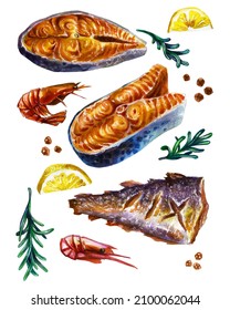 Fried Fish Steaks With Lemon, Herbs And Spices. Watercolor Drawing Isolated On White Background.
