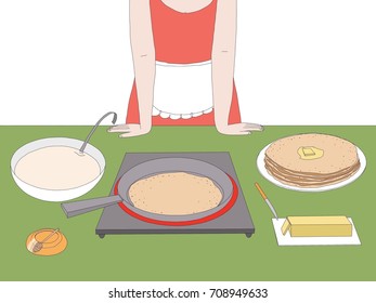 Fried Pancakes With Butter And Honey On A Table/ Woman Hands Making Pancakes With Honey/ A Pancake Is Frying In A Pan - Powered by Shutterstock