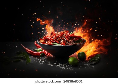 fried red chilli on black background and fire - Powered by Shutterstock