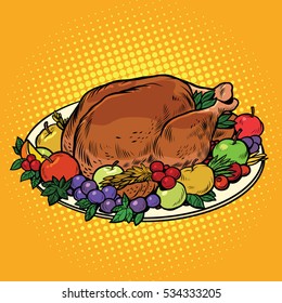 Fried Turkey dish on Thanksgiving day, pop art retro  illustration. Autumn harvest 