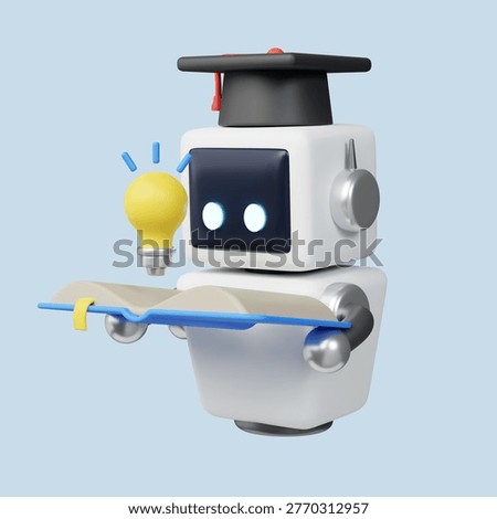 A friendly 3D rendered AI robot wearing a graduation cap, holding an open book with a glowing lightbulb, symbolizing artificial intelligence in education and learning.