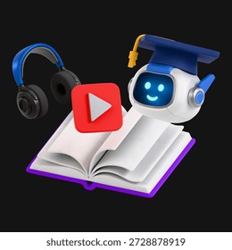A friendly 3D rendered artificial intelligence robot wearing a graduation cap floats above an open textbook, symbolizing digital education, complemented by floating headphones and a video play button icon for online learning and tutoring services.