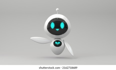 Friendly Cute Cartoon Robot - 3d Render. Technology Concept. Customer Support Chatbot, Online Consultant, Assistant. Kawaii Bot With Smiling Face On The Screen. Robotic Toy.