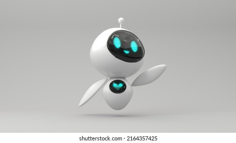 Friendly Cute Cartoon Robot - 3d Render. Technology Concept. Customer Support Chatbot, Online Consultant, Assistant. Kawaii Bot With Smiling Face On The Screen. Robotic Toy.