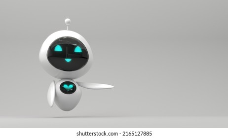 Friendly Cute Cartoon Robot - 3d Render. Technology Concept. Customer Support Chatbot, Online Consultant, Assistant. Kawaii Bot With Smiling Face On The Screen. Robotic Toy.