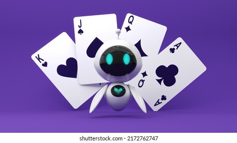 Friendly cute cartoon robot - 3d render. Technology concept. Customer support chatbot, online consultant, assistant.  Flying chip for online casinos and mobile gambling applications, poker. - Powered by Shutterstock