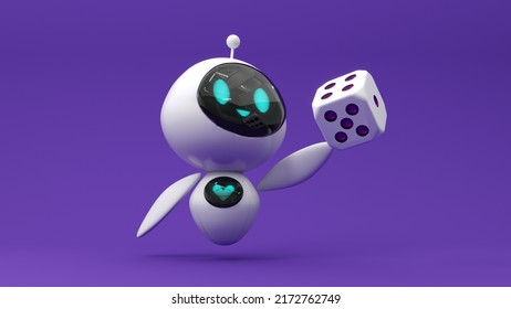 Friendly cute cartoon robot - 3d render. Technology concept. Customer support chatbot, online consultant, assistant.  Flying chip for online casinos and mobile gambling applications, poker. - Powered by Shutterstock