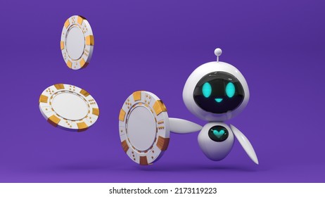 Friendly cute cartoon robot - 3d render. Technology concept. Customer support chatbot, online consultant, assistant.  Flying chip for online casinos and mobile gambling applications, poker. - Powered by Shutterstock