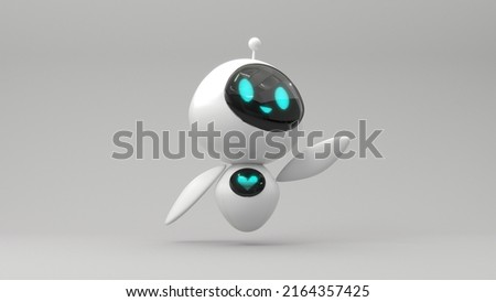 Friendly cute cartoon robot - 3d render. Technology concept. Customer support chatbot, online consultant, assistant. Kawaii bot with smiling face on the screen. Robotic toy.