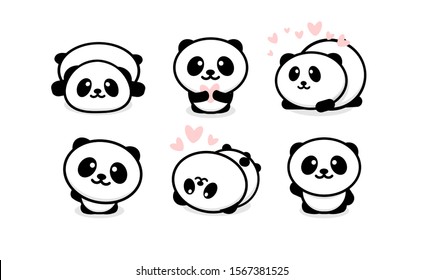Friendly And Cute Pandas Set. Chinese Bear Icons Set. Cartoon Panda Logo Template Collection. Isolated Illustration