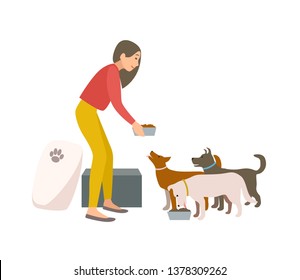 Friendly Female Volunteer Feeding Dogs In Animal Shelter Or Pound. Young Woman Giving Food To Homeless Puppies Isolated On White Background. Colorful Illustration In Flat Cartoon Style