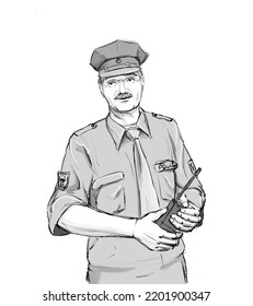 A Friendly Man In The Form Of A Policeman With A Walkie-talkie Is Drawn In Graphics On A White Background For Graphic Design.