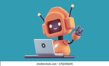 Friendly positive cute cartoon orange robot with smiling face waving its hand. Chatbot greets. Customer support service chat bot. Robot assistant, online consultant. 3d illustration on blue background