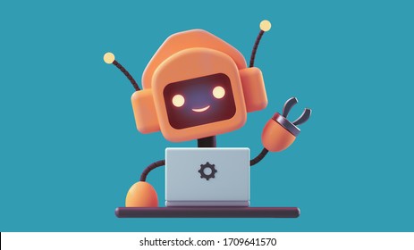 Friendly positive cute cartoon orange robot with smiling face waving its hand. Chatbot greets. Customer support service chat bot. Robot assistant, online consultant. 3d illustration on blue background