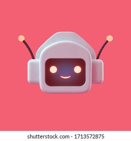 Friendly positive cute cartoon white robot with smiling face on red background. Character Chatbot Head with antennas. Customer support service chat bot. Robot assistant, online consultant. 3d render