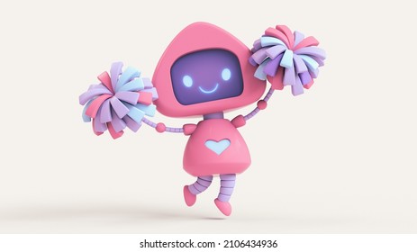 Friendly positive little pink robot girl with glowing blue smiling face on purple screen jumping in the air holding colorful pompoms, triumph. Robotic happy toy, eyes, heart. 3d render in pastel color