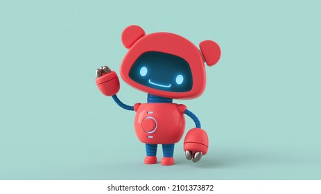 Friendly positive little red robot with glowing blue smiling face on the screen, bear ears waving its hand. Chatbot greets, customer support service. Robotic Toy. 3d render on light turquoise backdrop