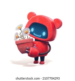 Friendly positive little red robot with glowing blue smiling face on the screen, bear ears holds a clay pot with chamomile. Robotic toy, eyes. Nature lover robot. 3d render isolated on white backdrop.