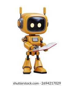 A friendly yellow robot with a digital screen face engrossed in reading an open book. This charming character symbolizes education knowledge acquisition and artificial intelligence.